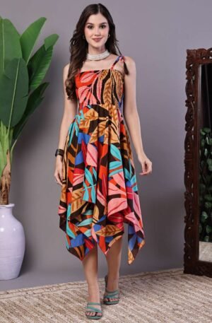 Women's MultiColor Abstract Print Cotton Handkerchief Hem Dress Midi Dresses