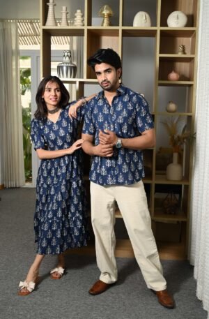 Couple Matching Navy-Blue Printed Cotton Anarkali Midi Dress & Shirt Set ? Summer Casual Wear
