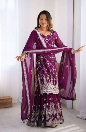 Women's Georgette Embroidery Work Straight Kurta With Sharara Suit and Dupatta Set