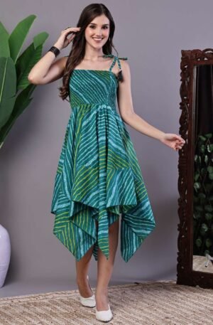 Women's Leheriya Asymmetrical Hem Smocked A-Line Dress Midi Dresses