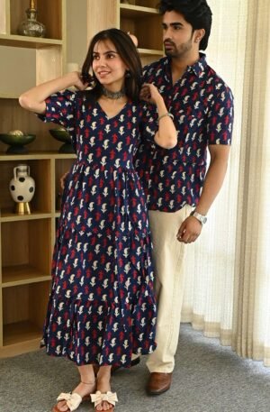 Couple Matching Navy Blue Cotton Anarkali Midi Dress and Shirt Set ? Red & White Abstract Print