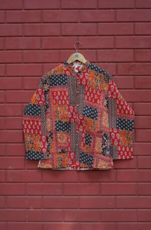 Womens Red Velvet Embroidered Jacket with Floral Design