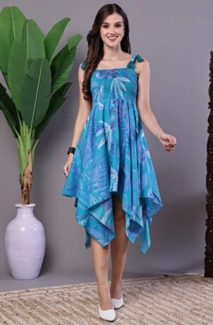 Women's Blue Printed Asymmetrical Hem Smocked A-Line Dress Midi Dresses