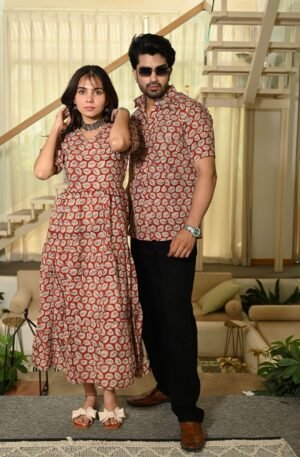 Couple Matching Red-Beige Cotton Anarkali Midi Dress and Shirt Set ? Leaf Block Print