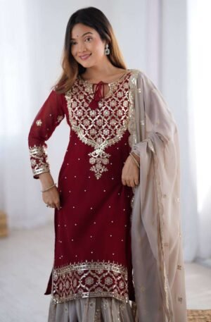 Women's Faux Georgette Sequins Embroidered Straight Kurta With Sharara Suit and Dupatta Set