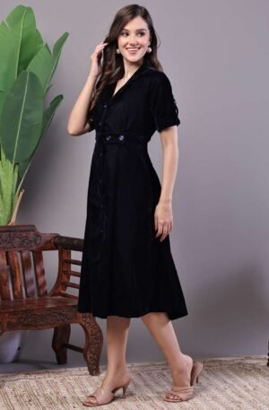 Women's Black Velvet Solid Printed Shirt Midi Dress with Belt
