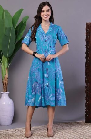 Women's Blue Floral Cotton Pleated Midi Dress with Collar
