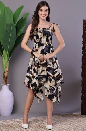 Women's Abstract Print Smocked Asymmetrical Hem Dress Midi Dresses
