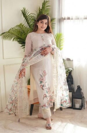 Women's Lilan Cotton Floral Printed Straight Pakistani Kurti with Pant and Dupattta