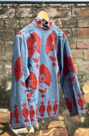 Womens Light Blue Velvet Embroidered Jacket with Floral Design