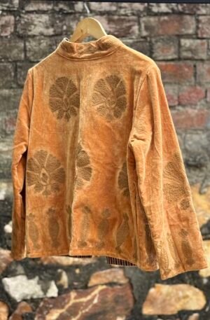 Womens Gold Velvet Embroidered Jacket with Floral Design