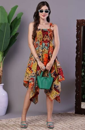Women's Multicolor Abstract Printed Cotton Handkerchief Hem Dress Midi Dresses