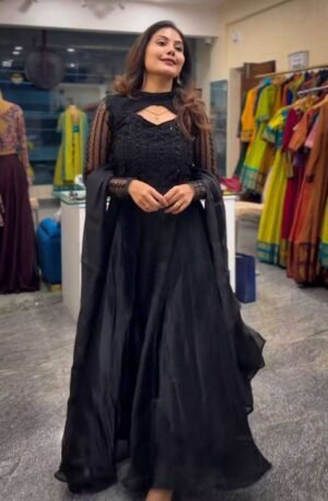 Women's Silk Heavy Embroidery Sequence Work Long Anarkali Kurti With Pant and Dupatta Set