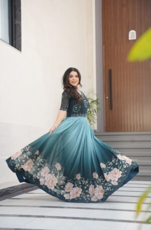 Women's Elegant Teal & Aqua Ombre Gown with Floral Printed Flair & Embellished Bodice – Perfect for Summer Festivities & Parties