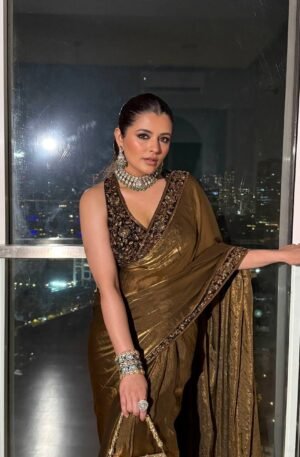 Women's Luxe Olive-Gold Silk Saree with Heavily Embellished Blouse & Border – Ideal for Evening, Wedding & Reception Wear