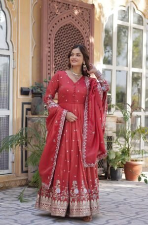 Women's Festive Rust Red Anarkali Gown with Intricate Silver Zari & Sequin Embroidery – Complete with Embroidered Dupatta