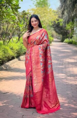 Women's Luxurious Pista Green & Pink Art Silk Saree with Intricate Leaf Weave & Broad Zari Border – Ideal for Festive & Wedding Occasions