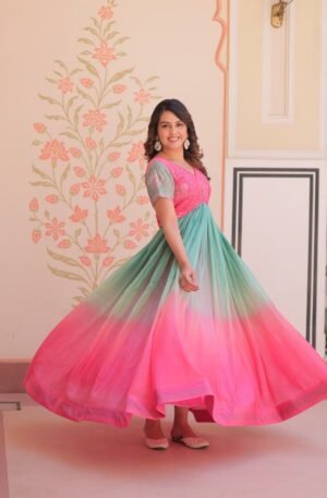 Women's Dual-Tone Ombre Gown in Candy Pink & Aqua Green with Embroidered Bodice – Festive & Contemporary Wear