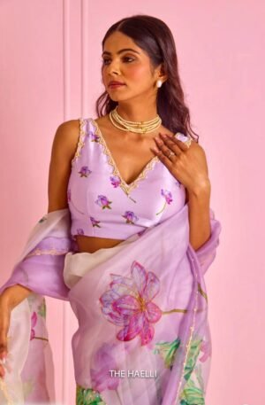 Women's Exquisite Lavender & White Organza Saree with Hand-Painted Lotus Floral Motifs & Gold Embellished Border – Complete with Matching Printed Blouse for Festive & Special Occasions