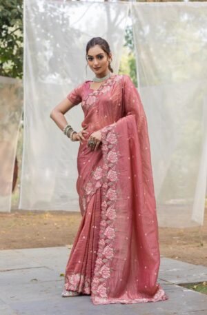 Women's Pristine White Organza Saree with Exquisite Pink & Green Floral Thread Embroidery – Complete with Matching Embroidered Blouse for Festive & Summer Wear
