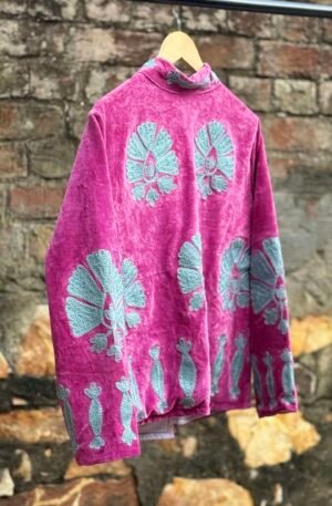Womens Pink Velvet Embroidered Jacket with Floral Design