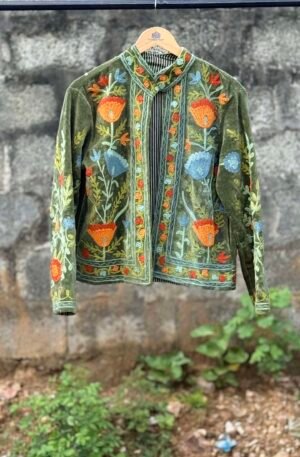 Womens Olive Green Velvet Embroidered Jacket with Floral Design