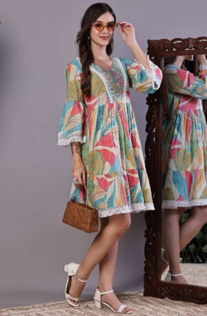 Wome's Multicolor Printed Cotton A-Line Dress with Embroidered Yoke Midi Dresses