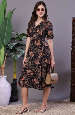 Women's Chic Black & Rust Floral Print Button-Front Midi Dress