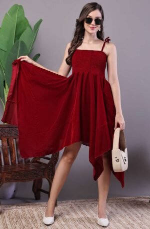 Women's Junglee Velvet Maroon Handkerchief Hem Dress